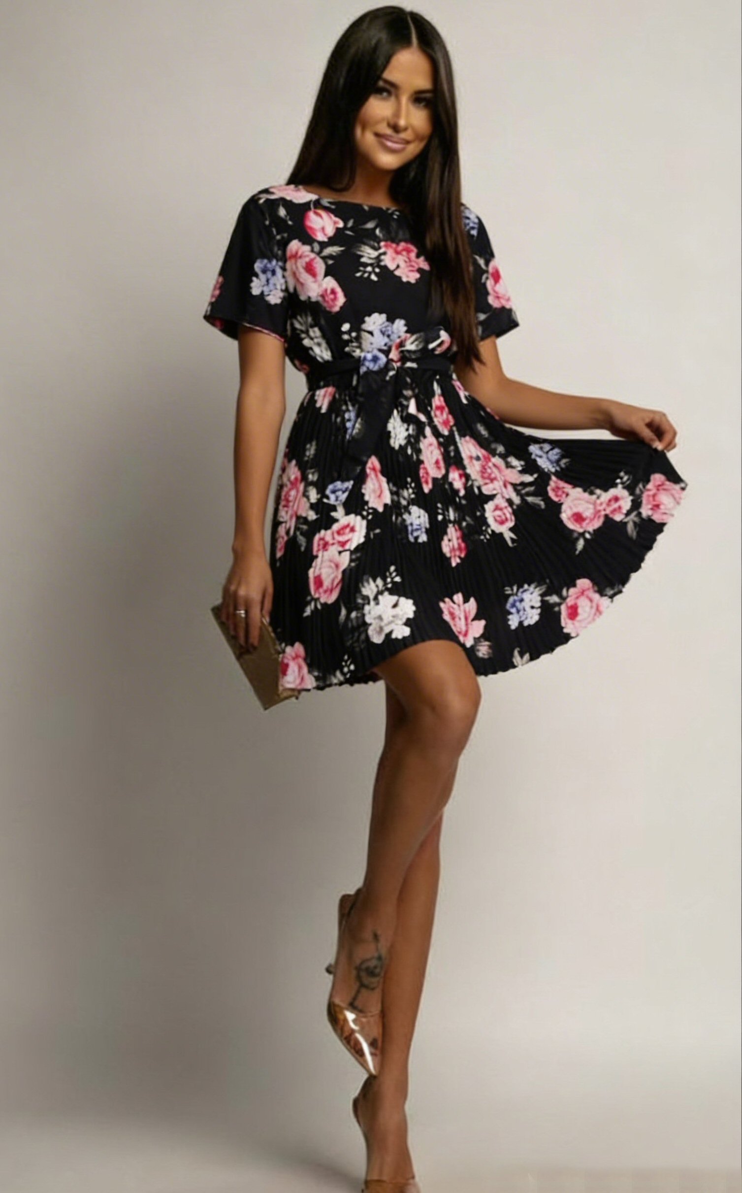 rochii dama midi Rochie de ocazie midi vaporoasa plisata multicolora Ayse